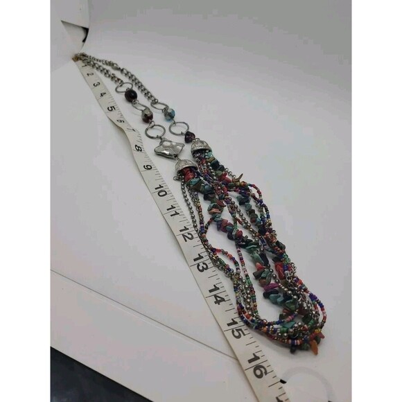 Women's Multi-Strand Necklace Beads & Stones Sliver Tone Adjustable Chain - Picture 11 of 12